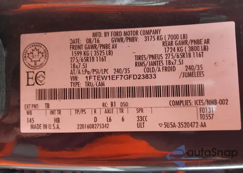 2016 Ford F-150 Lariat z USA, uszkodzony, nr VIN 1FTEW1EF7GFD23833